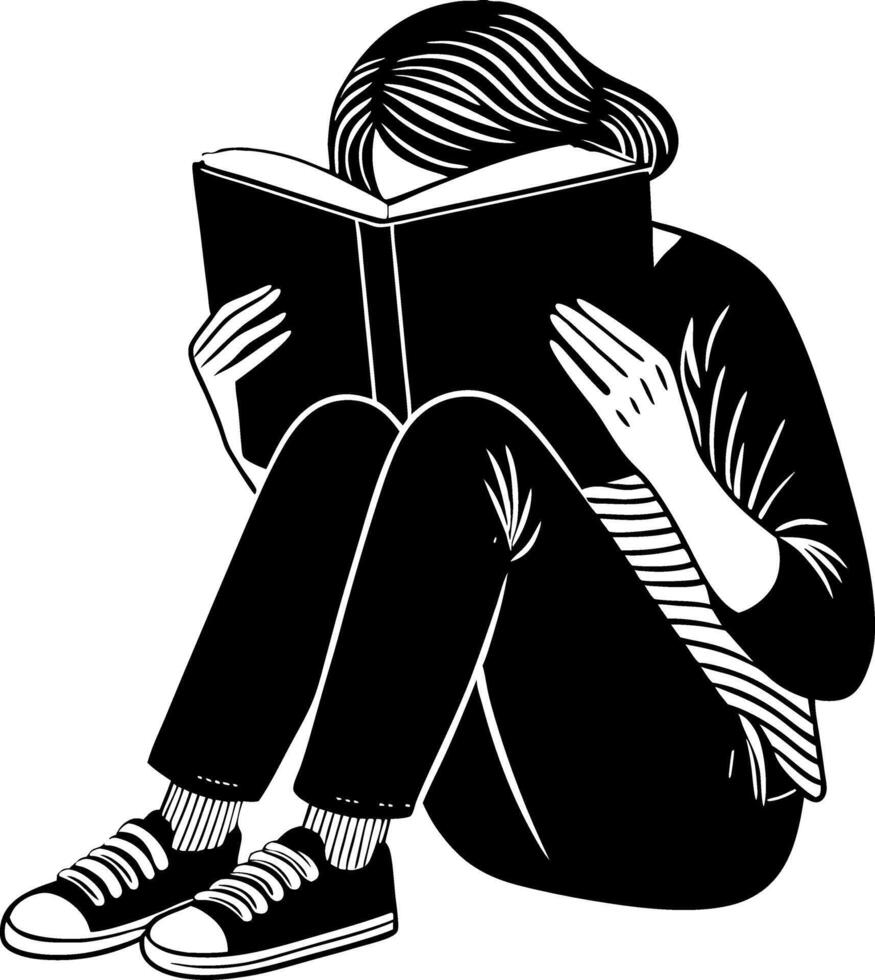 Person Reading Book Sitting Crosslegged with Casual Clothing and Sneakers vector
