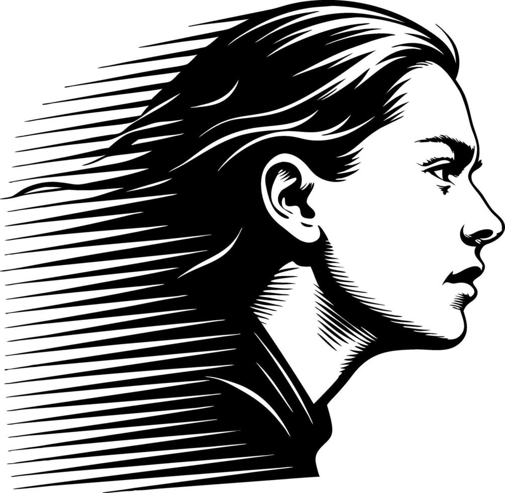 Dynamic Silhouette of a Woman in Profile with Flowing Hair Representing Movement and Energy vector