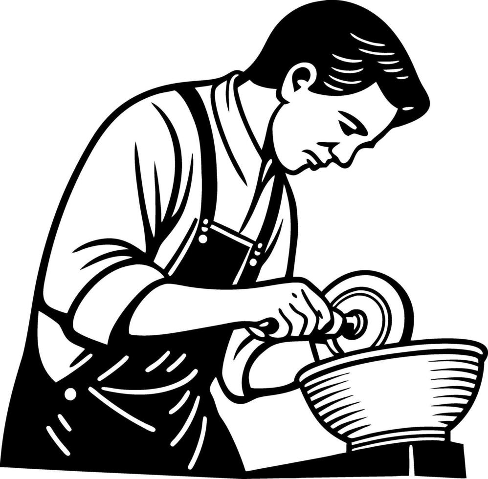 Potter Working on Wheel Creating Ceramic Vessel in Traditional Art Style vector