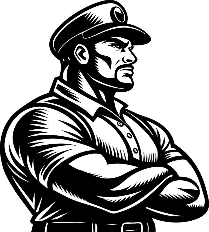 Strong Muscular Man Wearing Cap with Crossed Arms Vintage Style Graphic Design vector