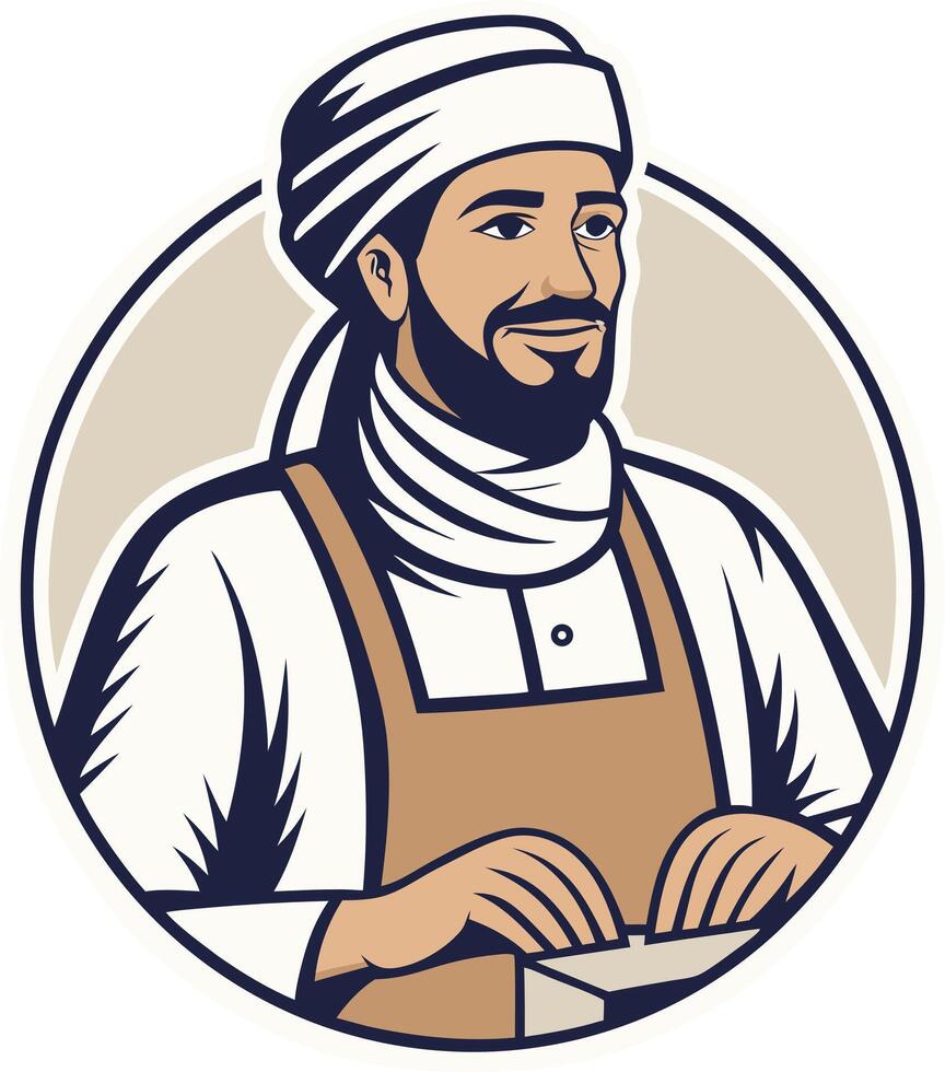 Smiling Man in Traditional Dress with Apron Holding a Box in a Circular Frame vector
