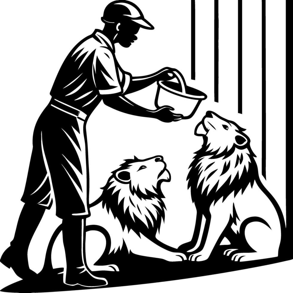 Zoo Keeper Feeding Lions Illustration for Wildlife Conservation Education vector