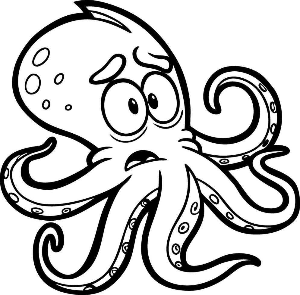 Cartoon Octopus with Large Eyes and Surprised Expression Perfect for Coloring Books and Tattoos vector
