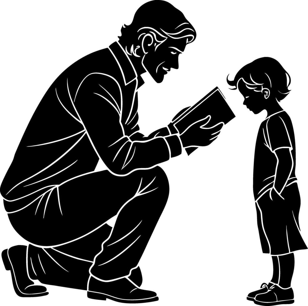 Father Reading to Son Silhouette for Parenting Education Family Bonding and Storytelling vector