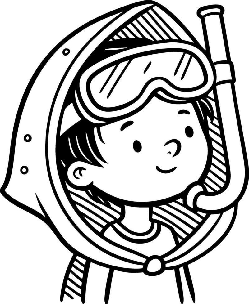 Cute Child with Snorkel and Goggles Ready for Underwater Adventure Coloring Page vector
