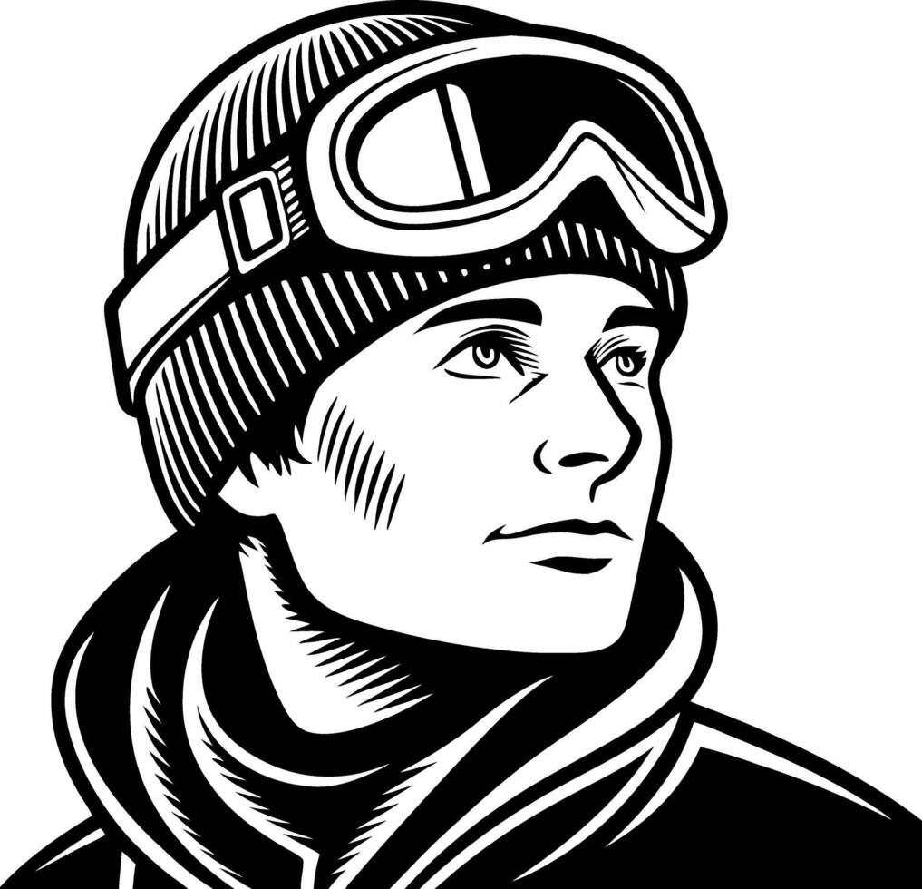 Stylized Portrait of a Young Male Snowboarder Wearing Goggles and Beanie for Adventure Themes vector
