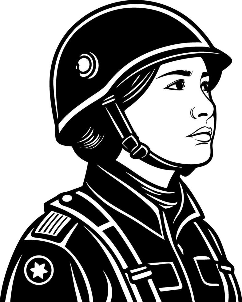 Portrait of Confident Female Soldier in Helmet Military Uniform Strong Expression for Art vector