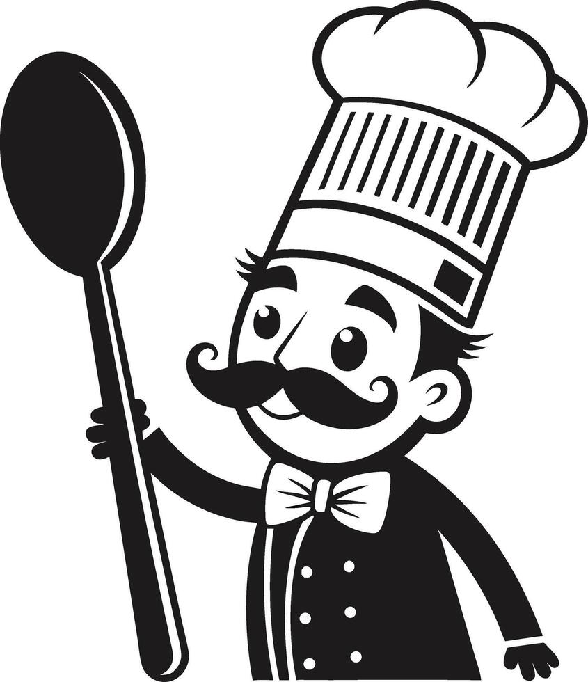 Cheerful Cartoon Chef Holding Wooden Spoon in Stylish Chef Hat and Bow Tie Design vector