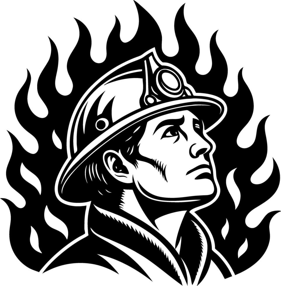 Heroic Miner Portrait With Flames Art for Tattoos and Illustrations vector