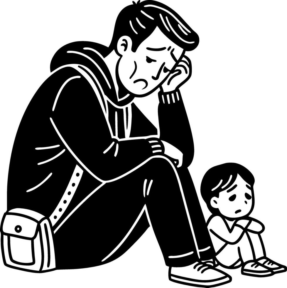 Emotional Father and Son Sitting Together Expressing Sadness and Concern for Family Wellbeing vector