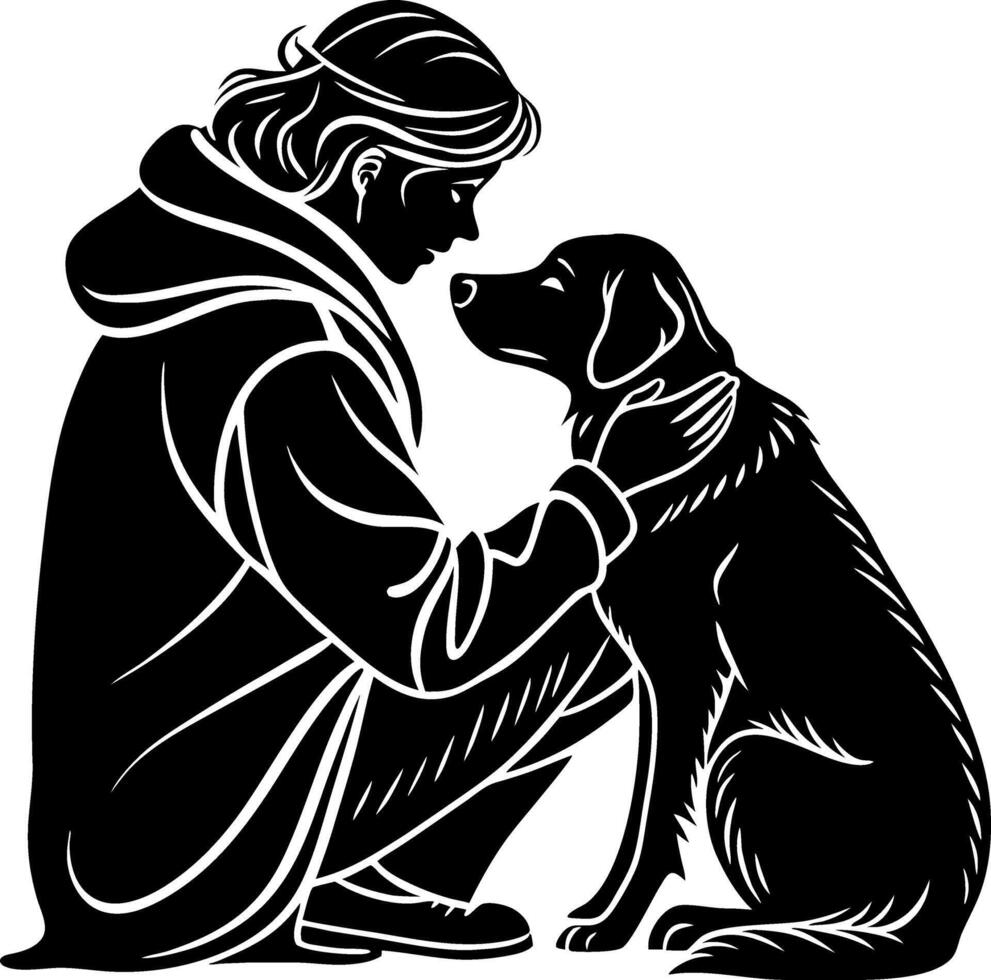 Emotional Connection Between Human and Dog in Silhouette Design Ideal for Tattoo and Art vector
