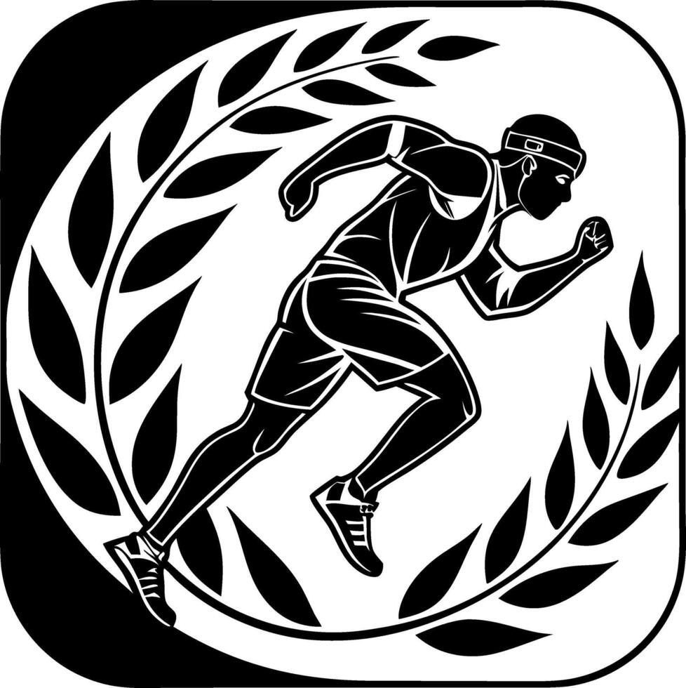 Dynamic Running Athlete Silhouette with Laurel Leaves for Sports Logos and Fitness Designs vector