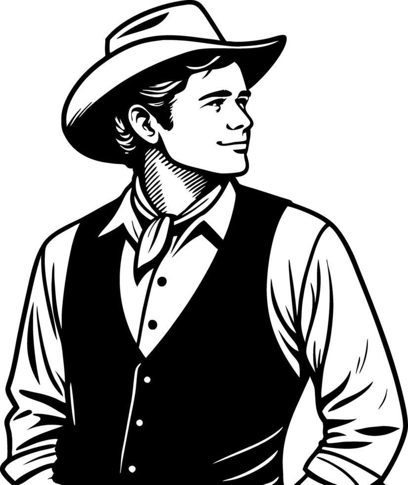 Vintage Cowboy Portrait in Classic Western Attire Ideal for Tattoo Design and Graphic Art vector
