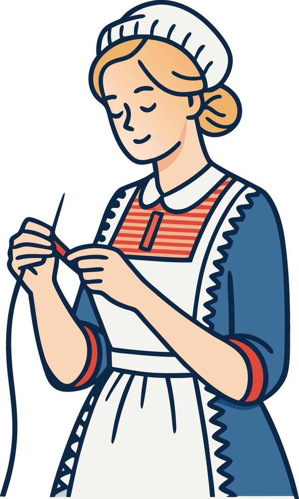 Young Woman Knitting Handmade Crafting Traditional Attire Cozy Creative Activity vector