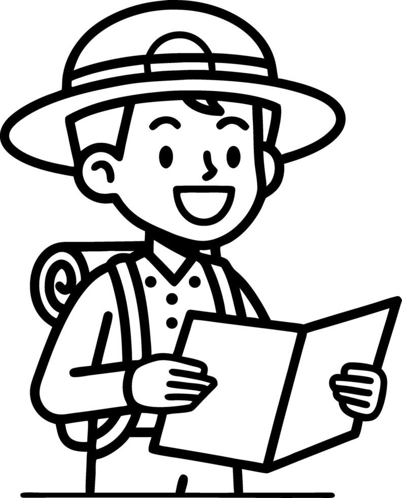 Cheerful Boy Explorer Holding Map with Backpack and Hat for Outdoor Adventure Designs vector