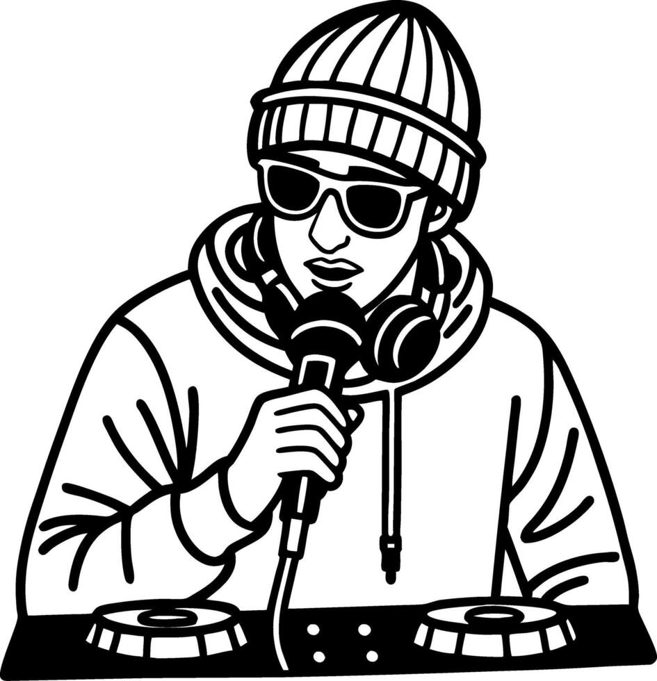 Urban DJ in Beanie Rapping with Microphone and Headphones at Turntables Illustration vector