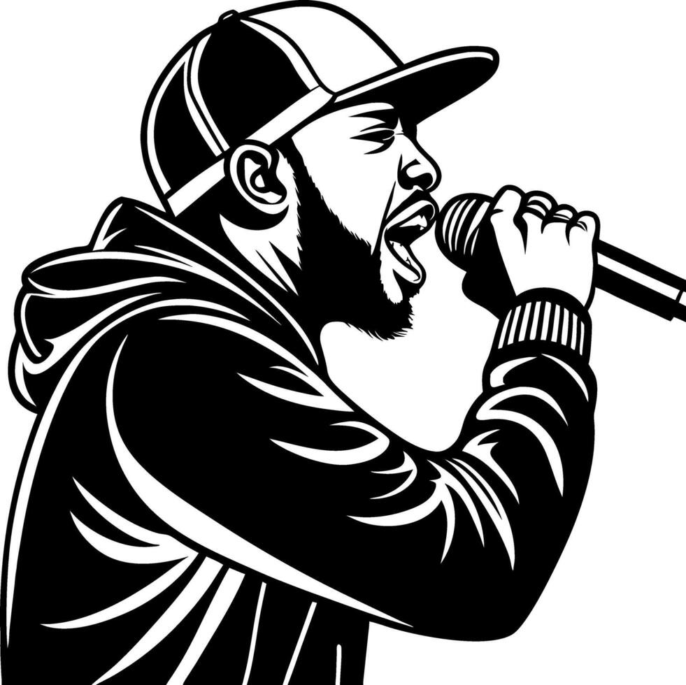 Dynamic Hip Hop Performer Singing into Microphone Art for Music Themes and Tattoo Designs vector