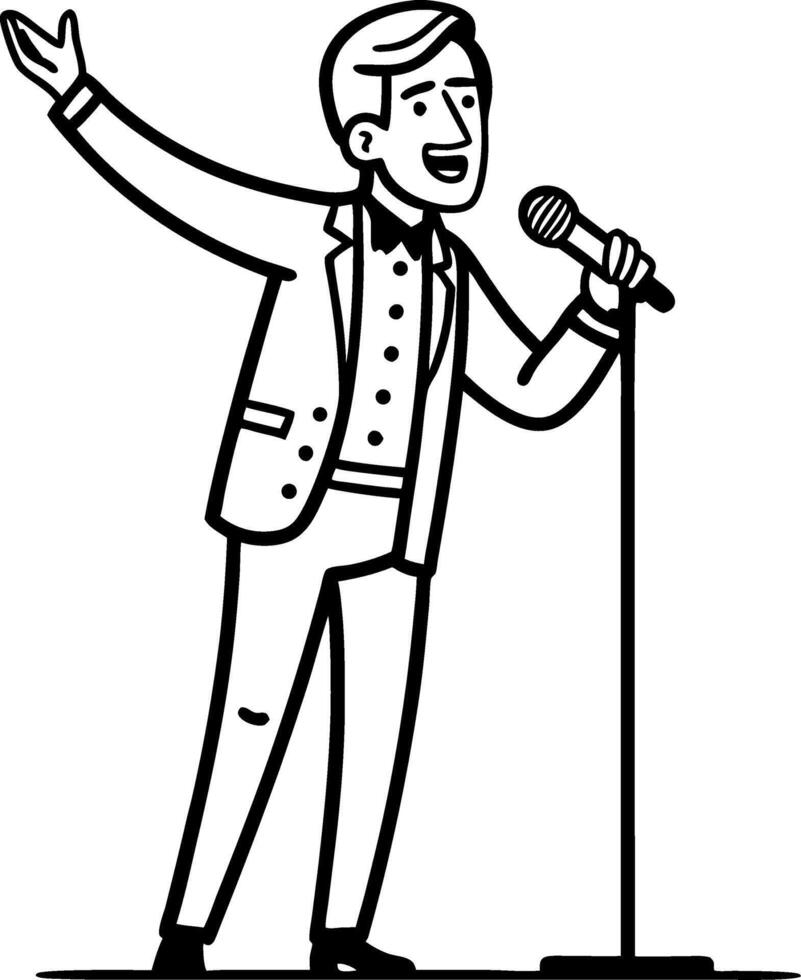 Cheerful Singer Performing on Stage with Microphone in Stylish Suit Engaging Audience vector