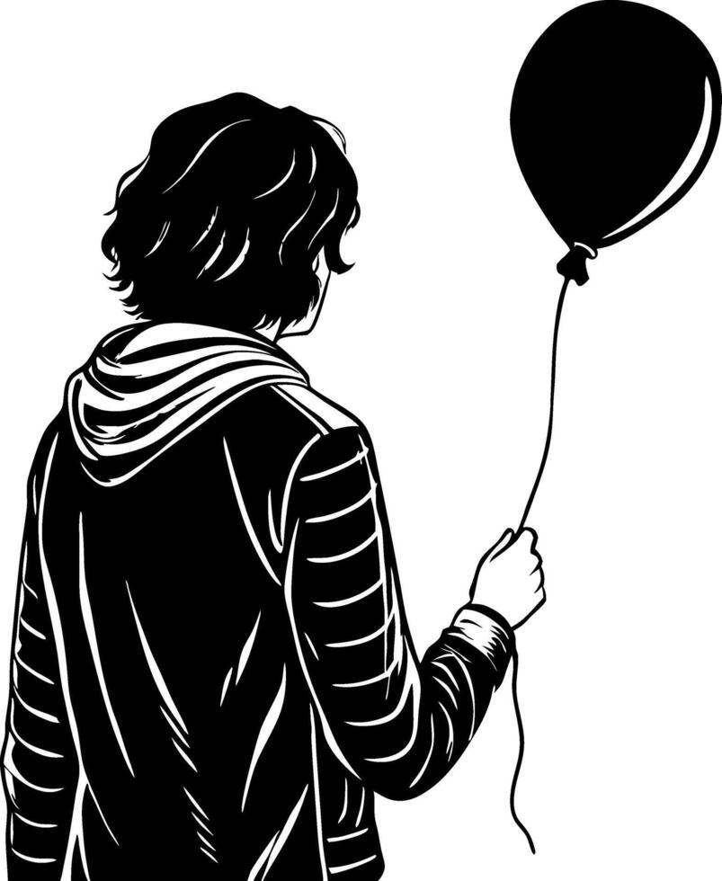Silhouette of a Young Person Holding a Black Balloon Facing Away for Emotional Reflection vector
