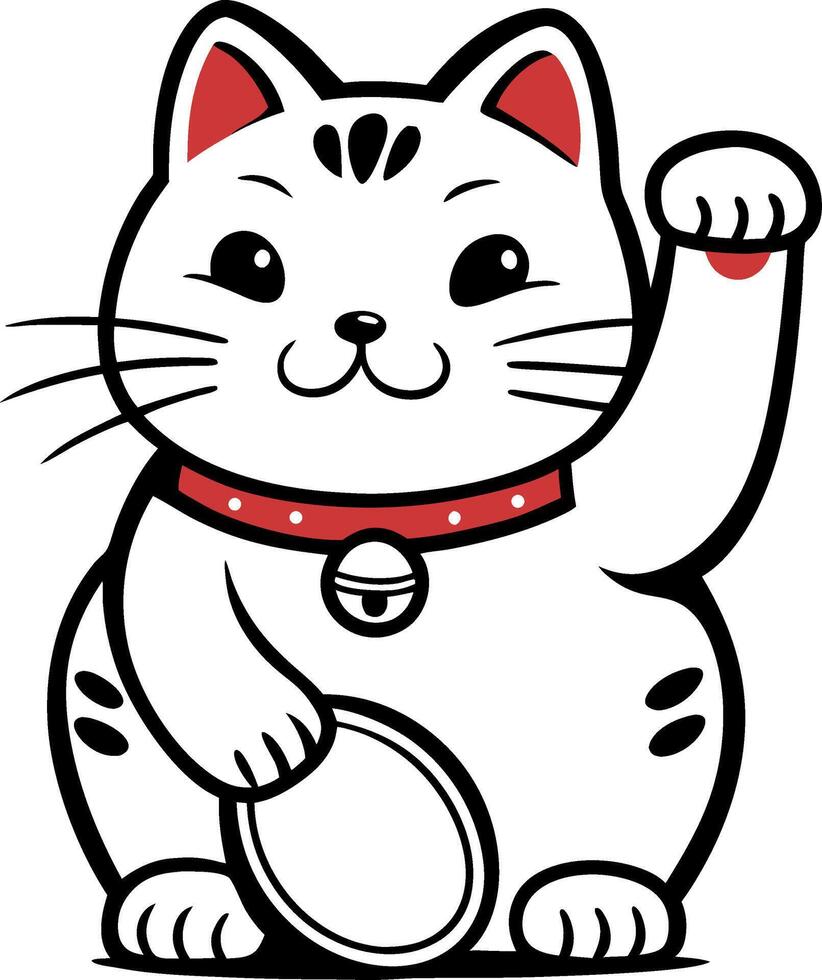Cute Japanese Lucky Cat Illustration with Raised Paw for Good Fortune and Prosperity vector