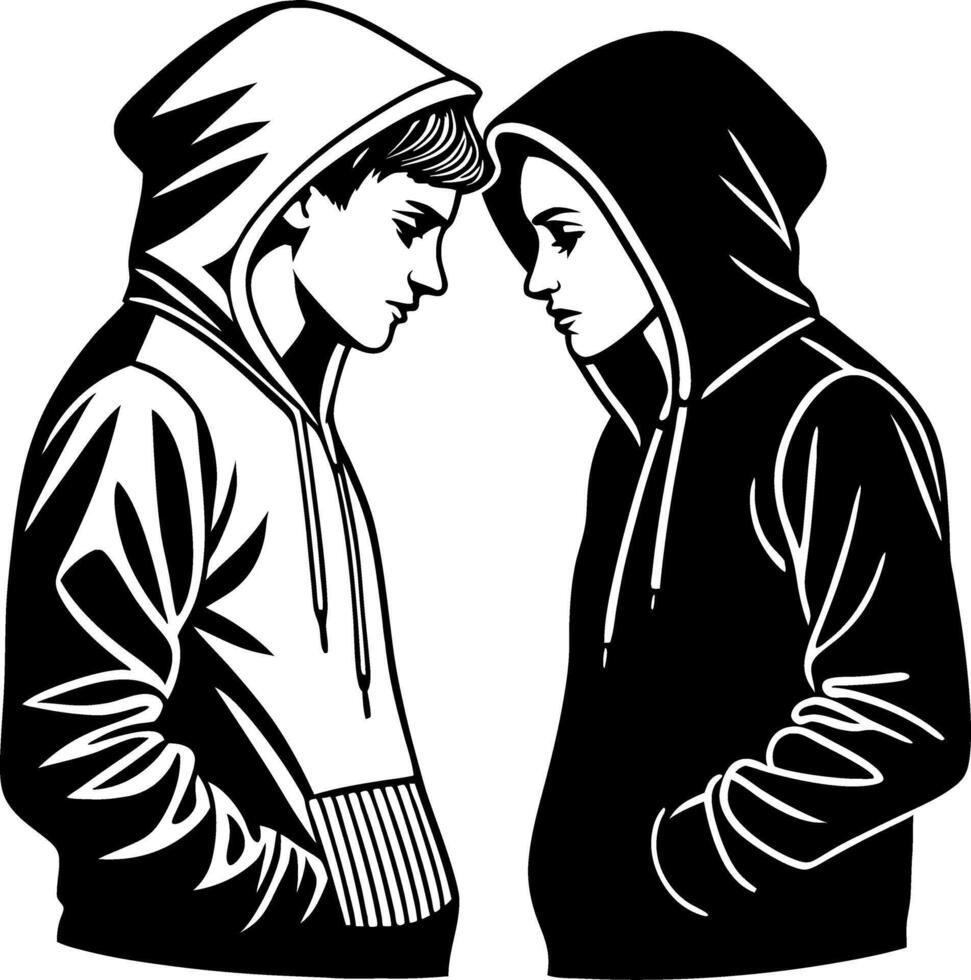 Intense Standoff Between Two Hooded Figures in Stylish Black and White Illustration vector
