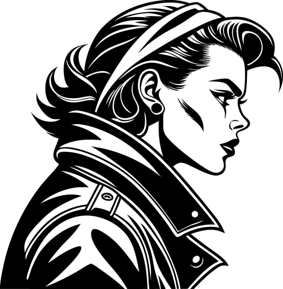 Edgy Profile of a Confident Woman in Leather Jacket Vintage Style Illustration vector