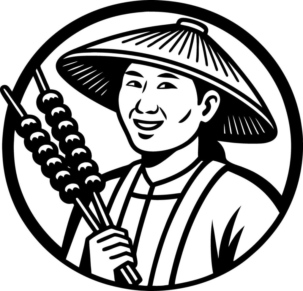 Smiling Asian Street Vendor Holding Skewered Food in Traditional Hat Art vector