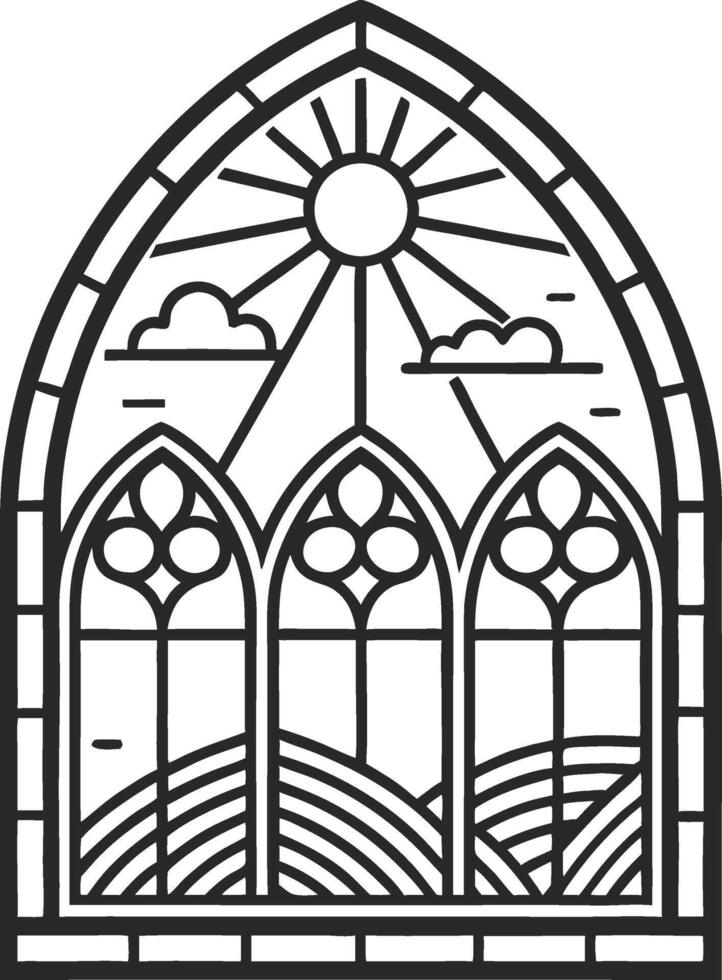 Elegant Gothic Arched Window Design Featuring Sun Clouds and Rolling Hills for Art Projects vector