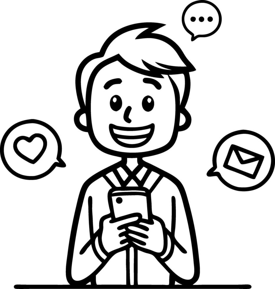 Cheerful Young Man Holding Smartphone with Speech Bubbles Expressing Emotions and Messages vector