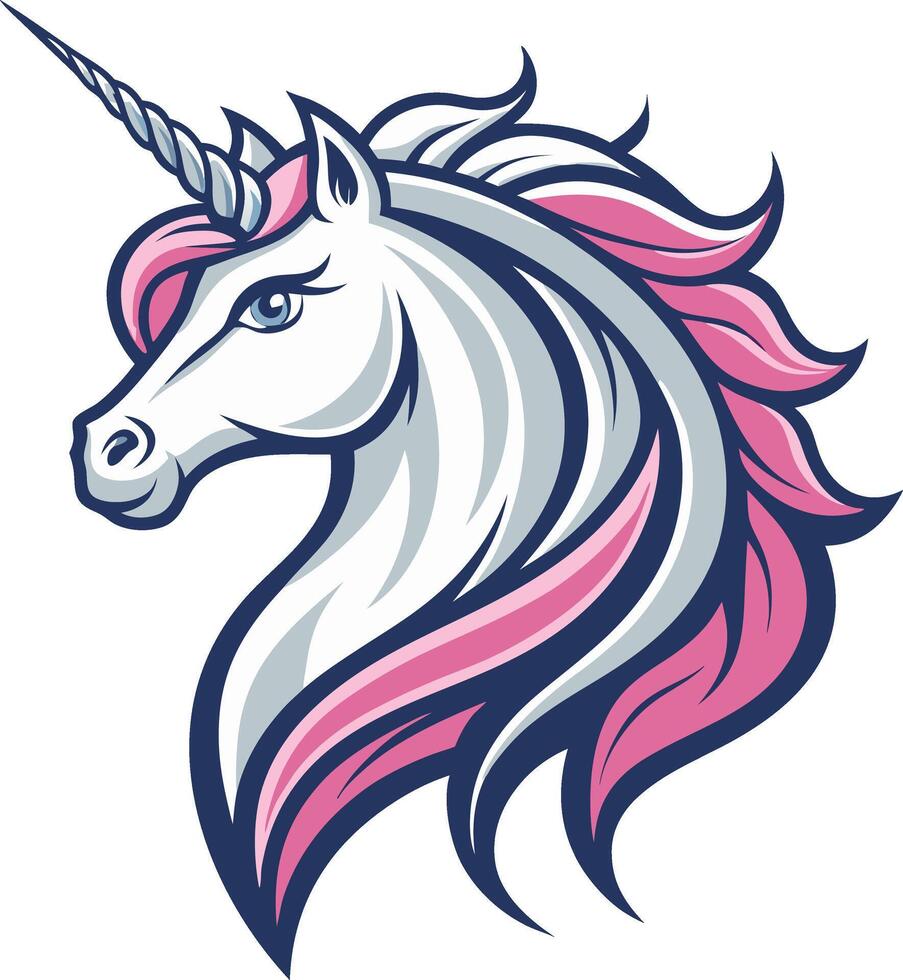 Majestic Unicorn Head with Flowing Pink Mane Perfect for Fantasy Artwork or Tattoo Design vector