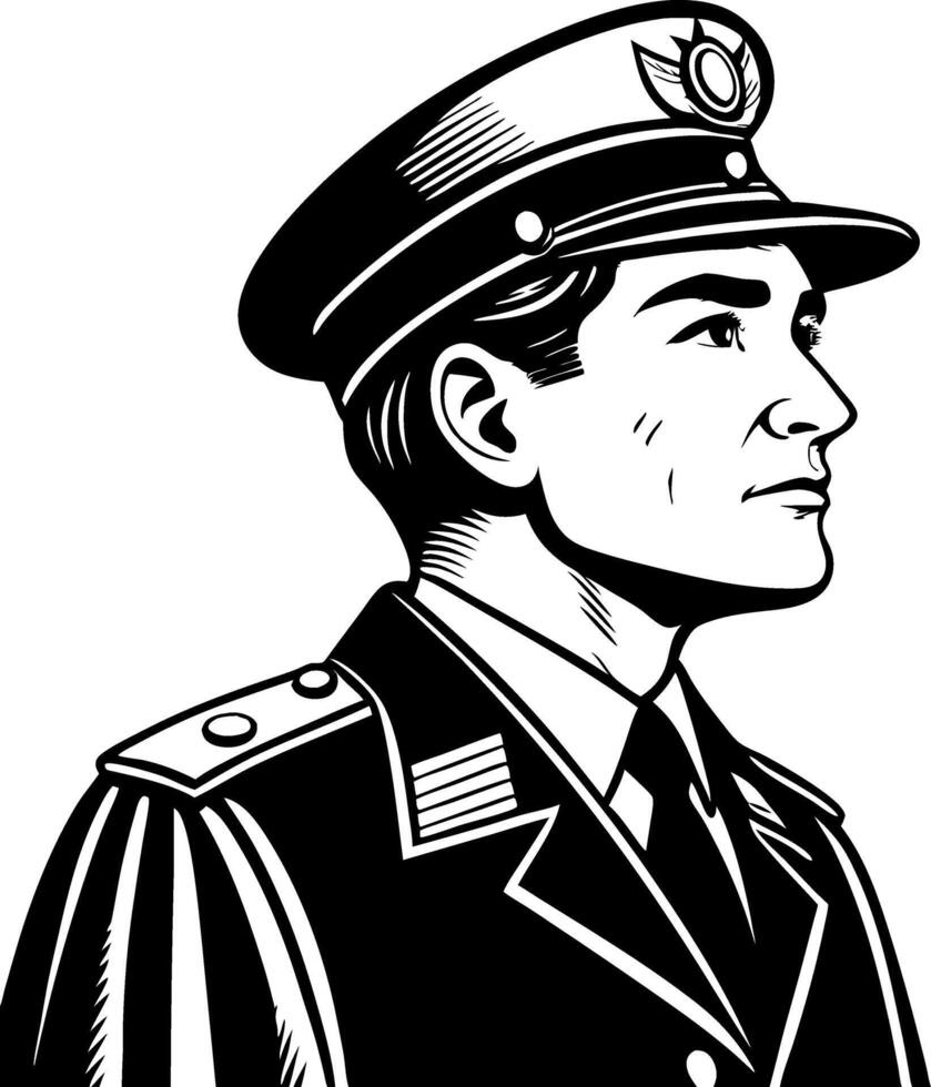 Detailed Black and White Illustration of a Male Officer in Uniform for Design Projects vector