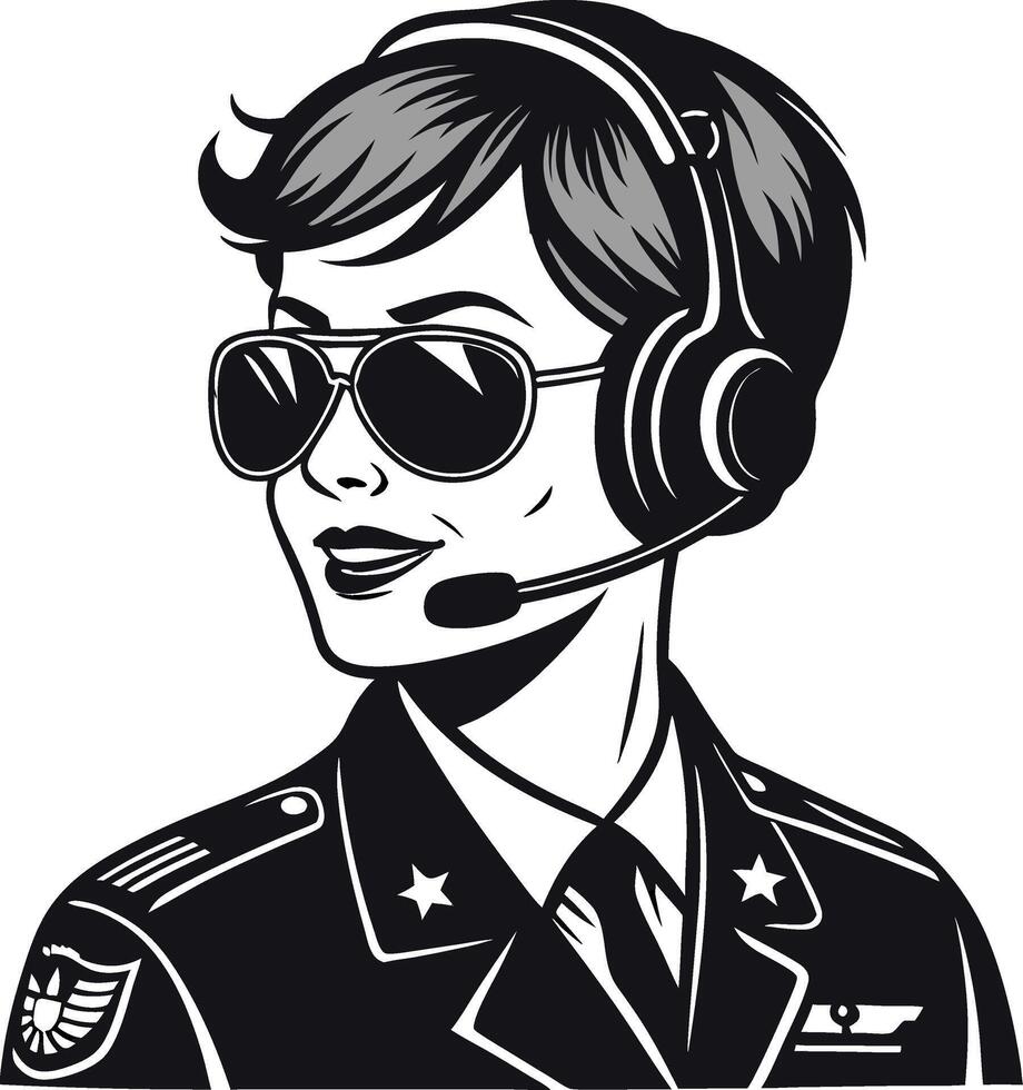 Stylish Female Pilot Character Wearing Sunglasses and Headset in Military Uniform vector