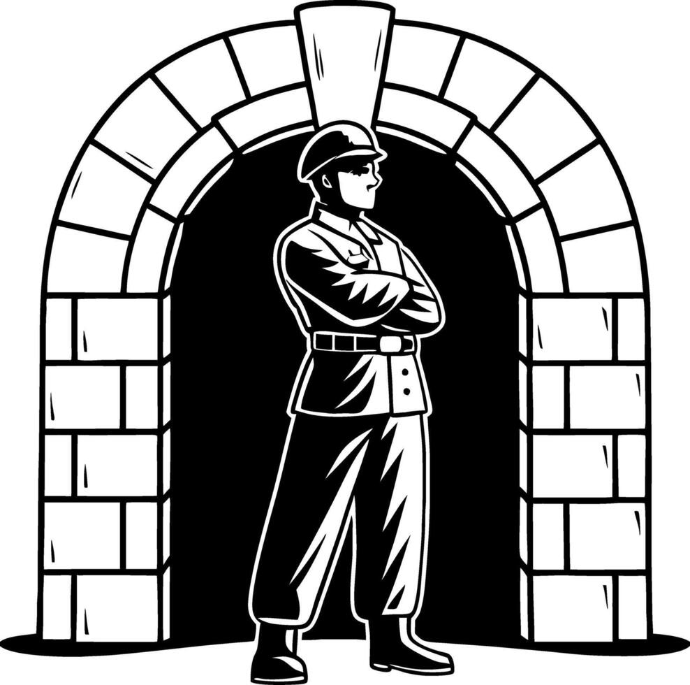 Soldier Guarding Stone Archway in Classic Monochrome Design for Historical Illustrations vector