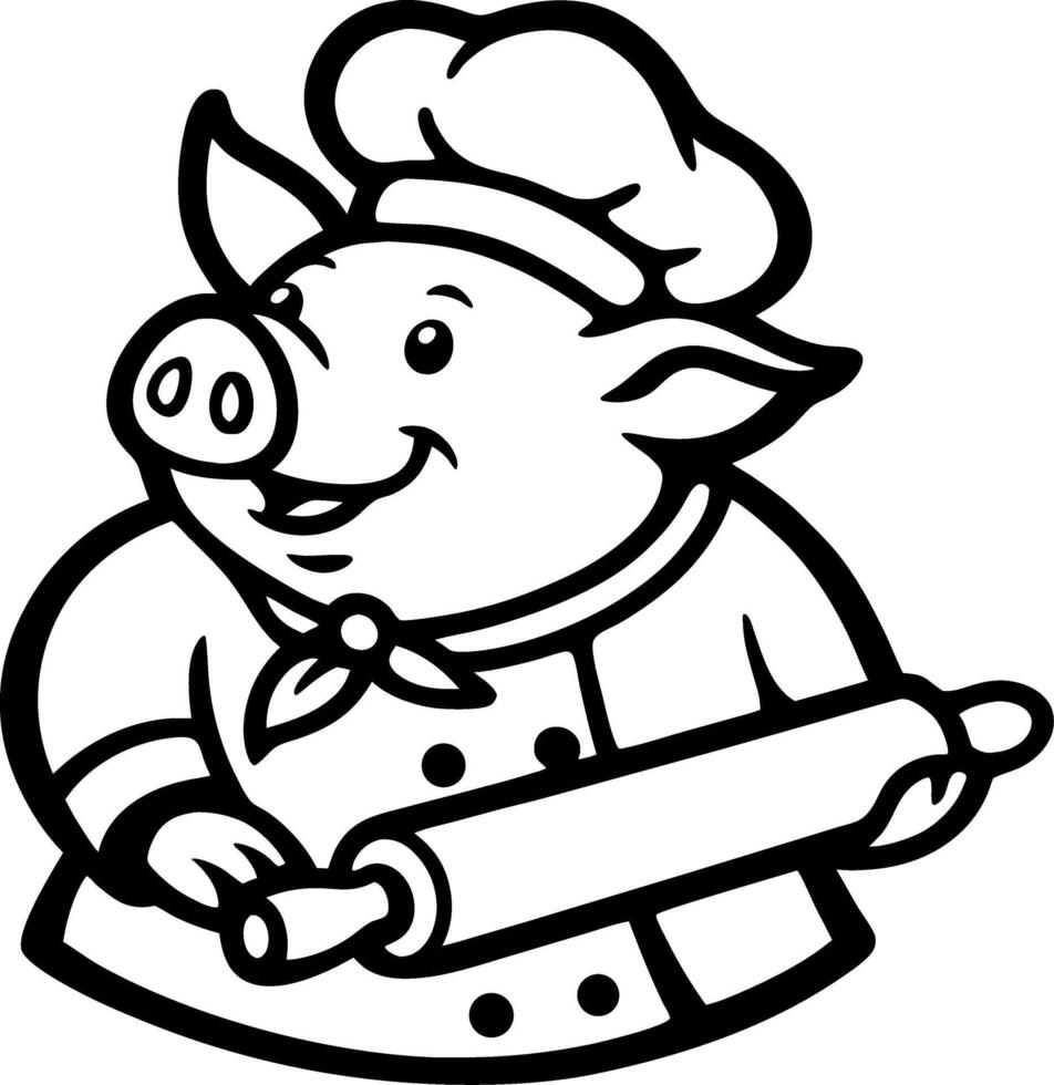 Cheerful Cartoon Pig Chef Holding Rolling Pin Ideal for Kids Coloring Books and Fun Illustrations vector