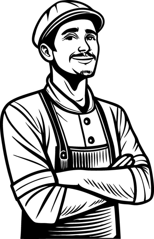 Confident Smiling Male Chef with Apron and Cap in Vintage Style Illustration for Culinary Themes vector