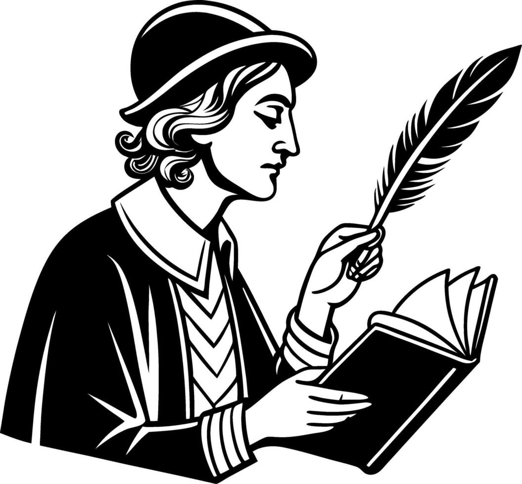 Vintage Scholar Holding Quill and Open Book Ideal for Educational Illustrations vector