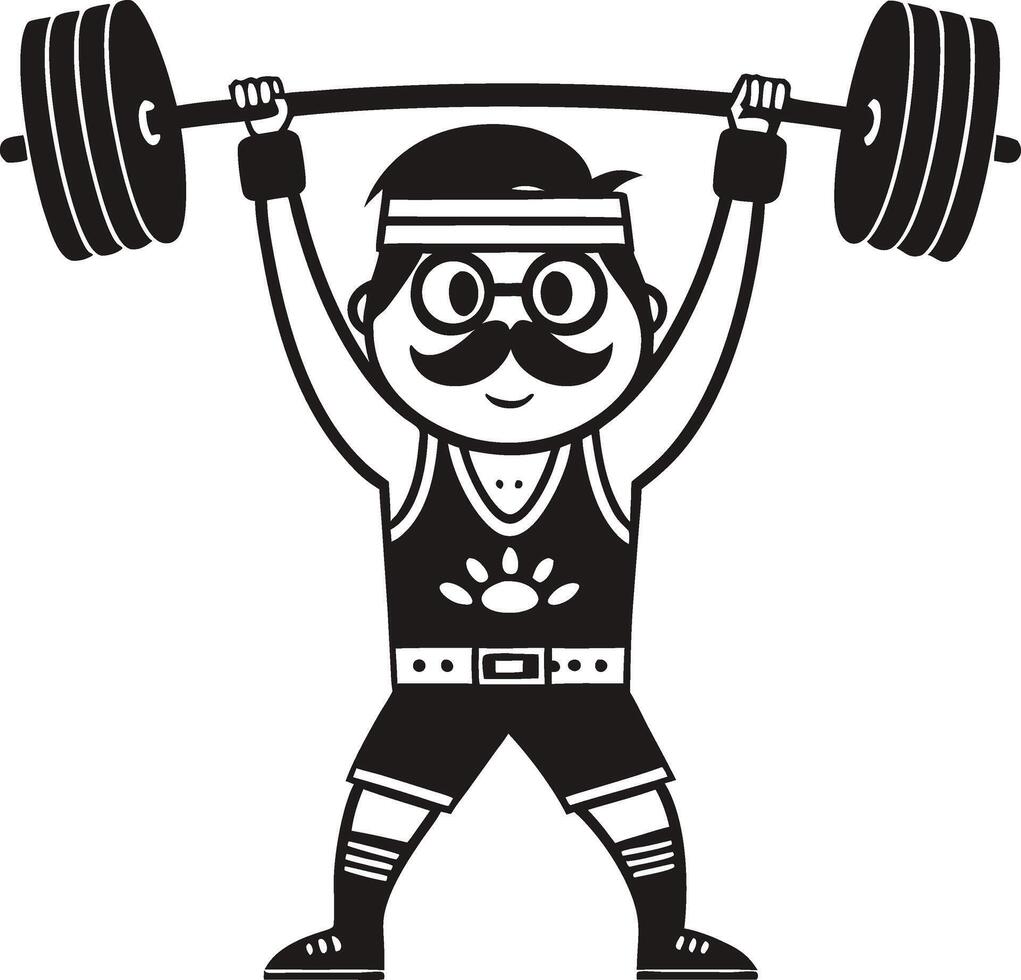 Funny Cartoon Weightlifter with Mustache and Glasses Lifting Barbell for Fitness Themes vector