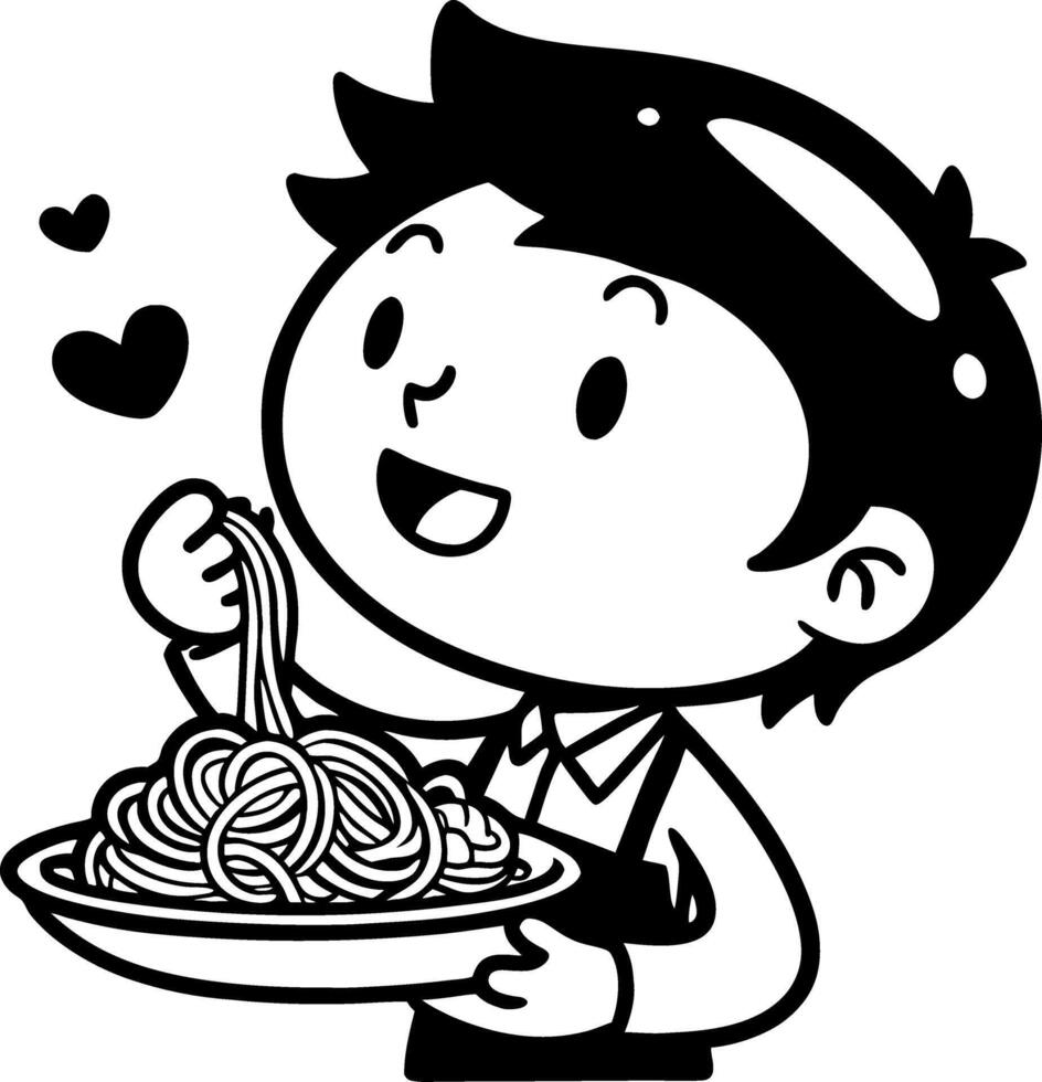 Happy Boy Enjoying Delicious Pasta Dish with Hearts for Love and Joy Expression vector