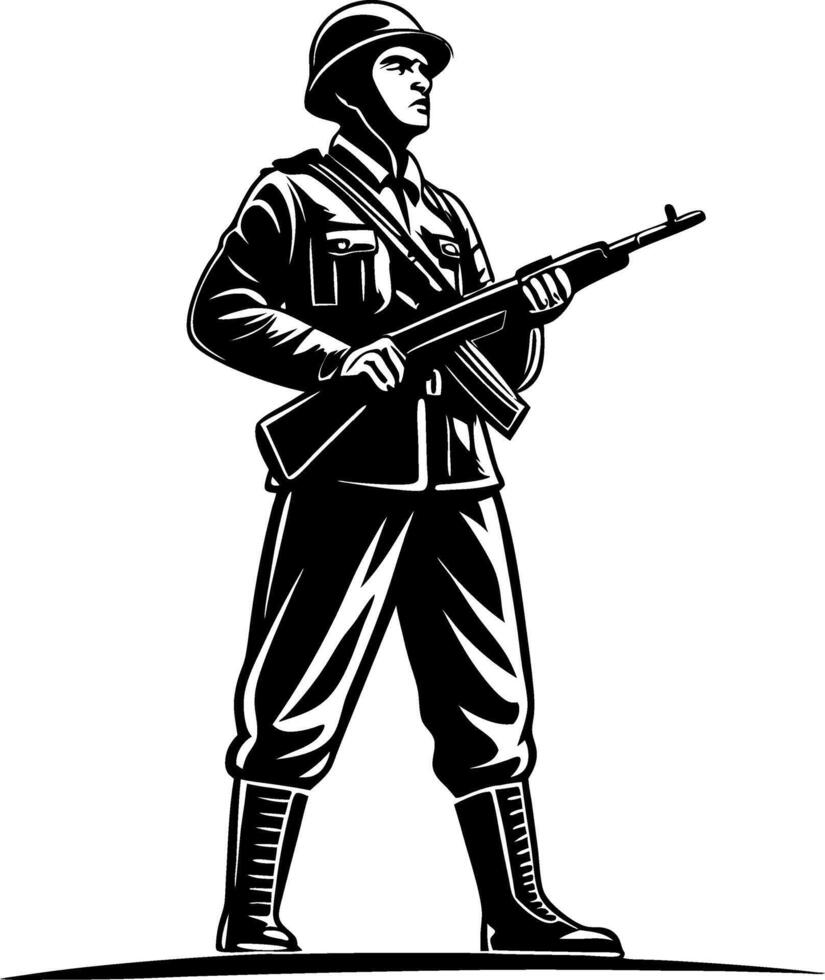 Military Soldier Standing With Rifle Proudly Demonstrating Strength and Valor in Emblematic Style vector