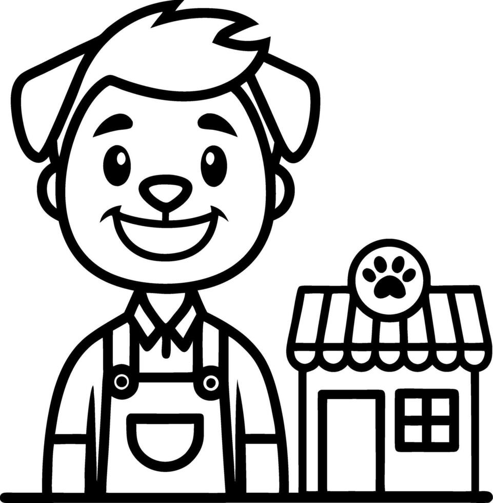 Happy Boy with Doghouse Character Illustration for Kids Coloring and Tattoo Design vector