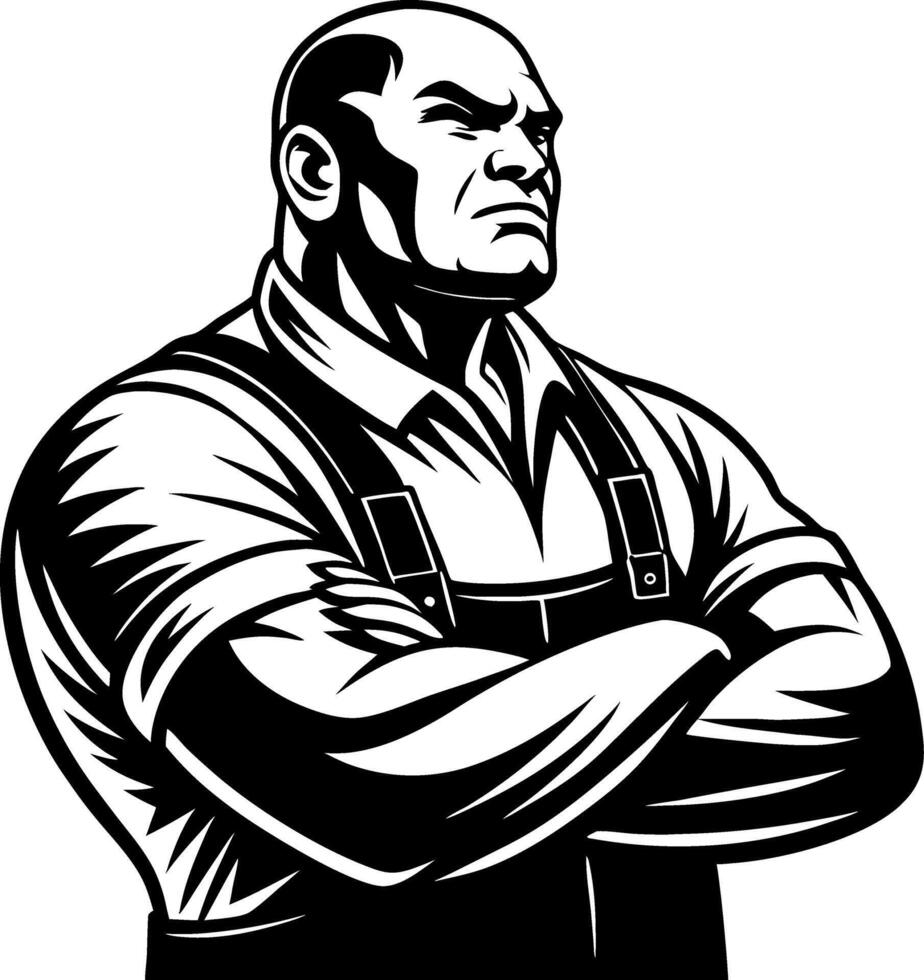 Muscle-Bound Worker with Crossed Arms for Bold Graphic Design and Tattoo Inspiration vector