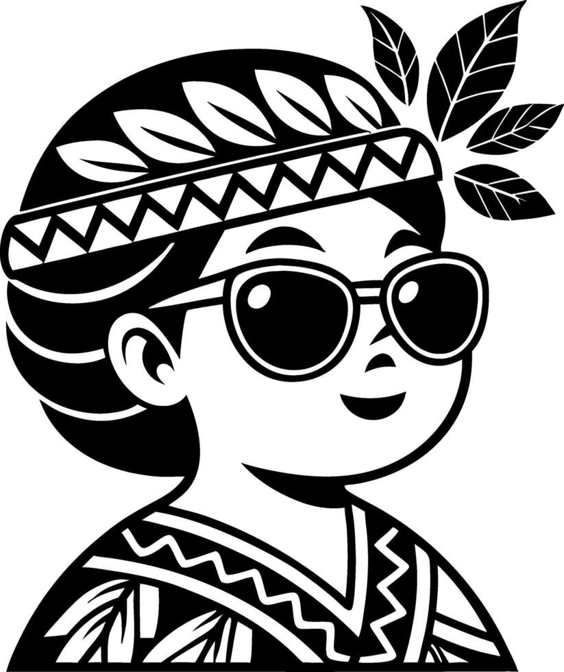 Cheerful Child in Sunglasses with Leafy Headband and Tropical Attire Perfect for Coloring Books vector