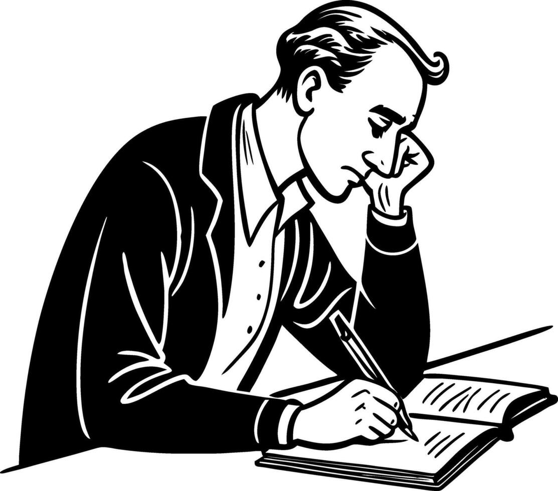 Thoughtful Man Writing in Notebook with Pen Detailed Line Art Illustration vector