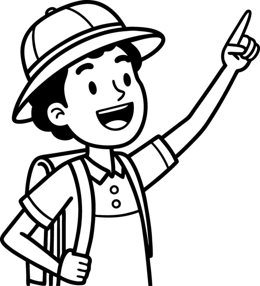 Happy Kid Explorer Pointing Up in Adventure Outfit with Backpack for Creative Coloring Activities vector