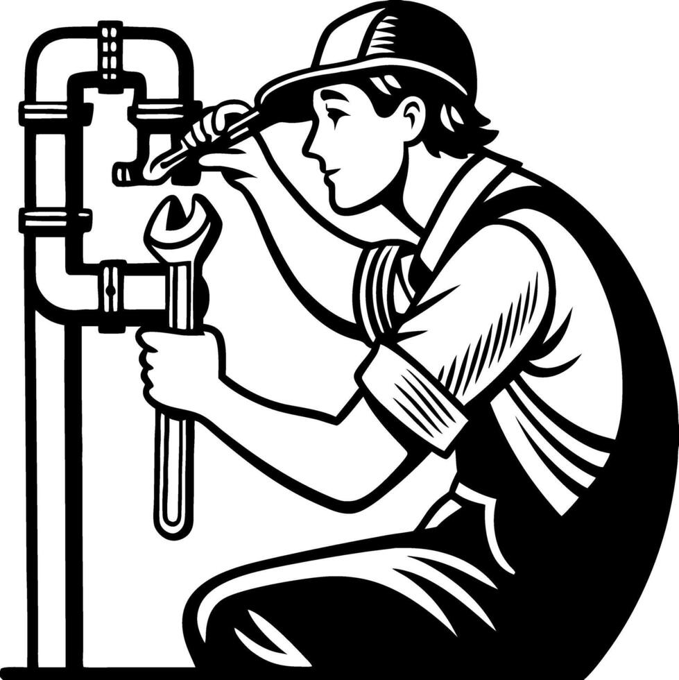 Plumber Fixing Pipes with Wrench Skilled Tradesman Vintage Style Graphic Illustration vector