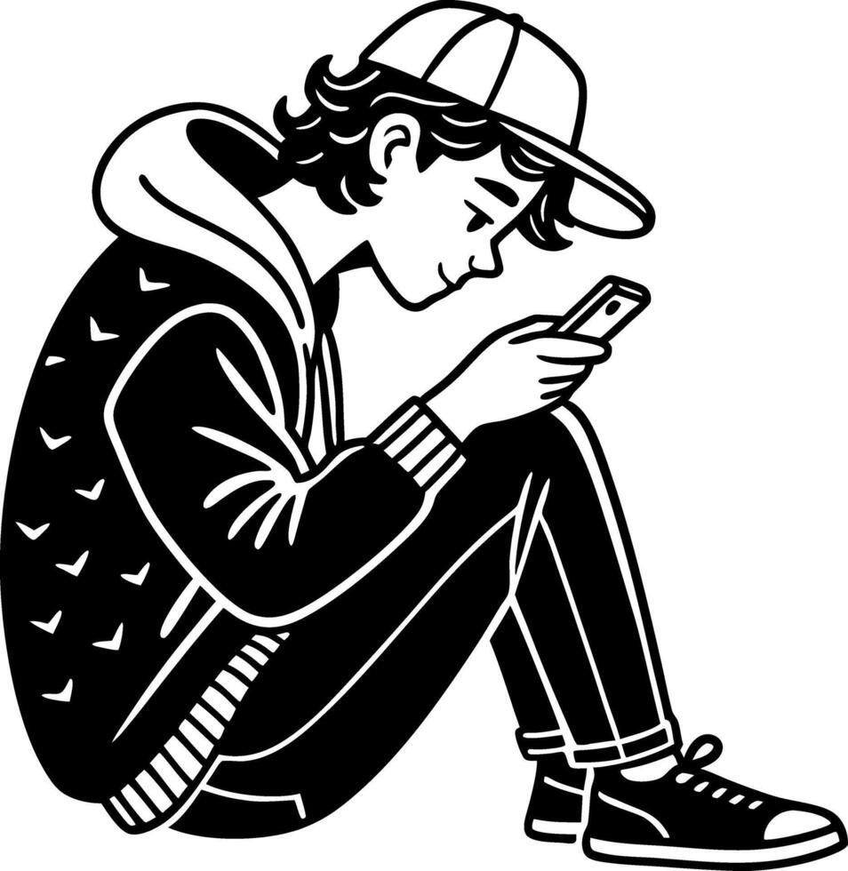 Teen Boy Sitting and Texting on Smartphone in Casual Outfit Illustration vector