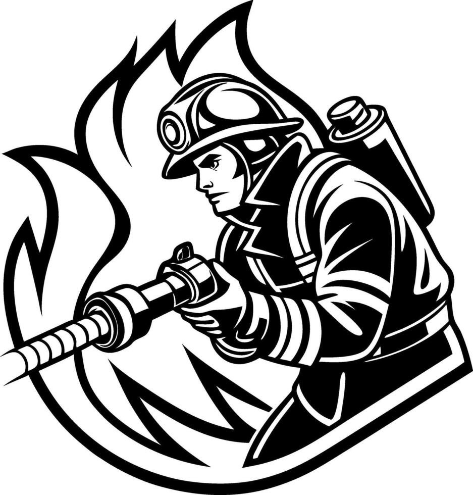 Firefighter Hero Silhouette Battling Flames with Fire Hose for Emergency Services Designs vector
