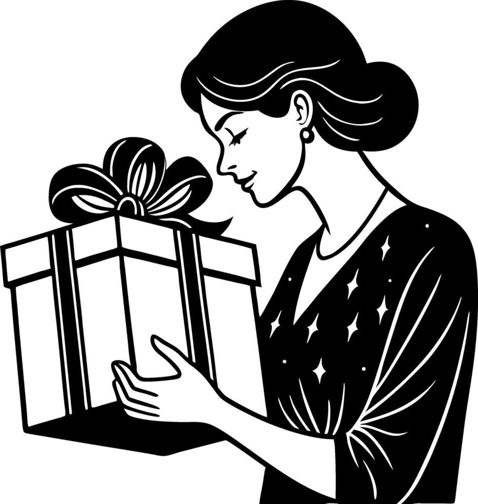 Elegant Woman Holding Gift Box with Ribbon Expression of Joy and Surprise for Celebrations vector