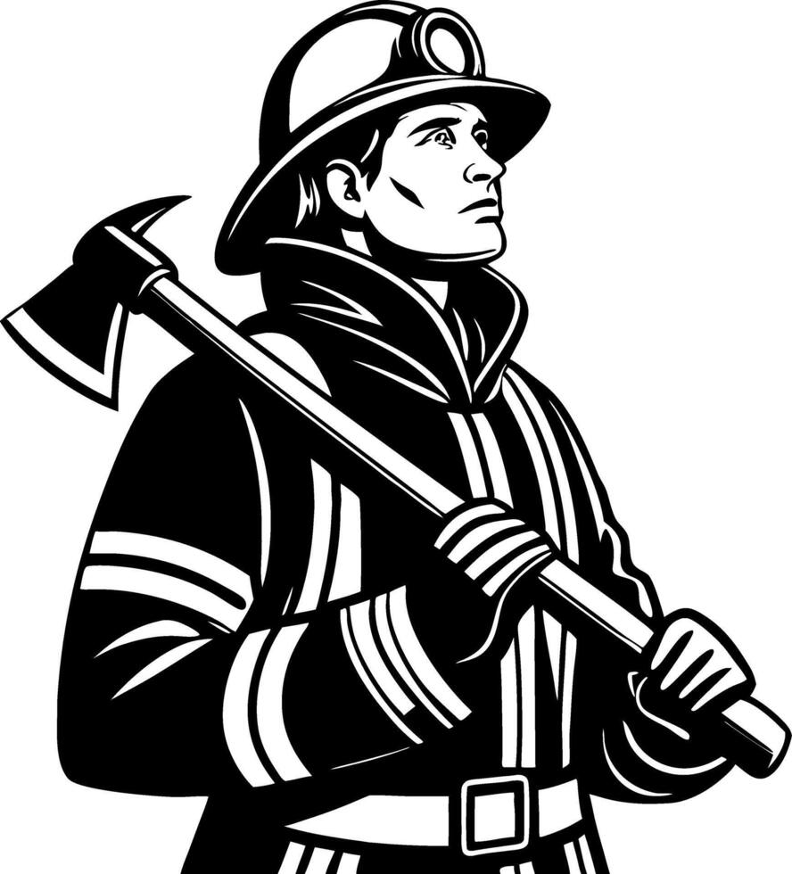 Brave Firefighter Holding Axe in Protective Gear Standing Strong and Ready for Action vector