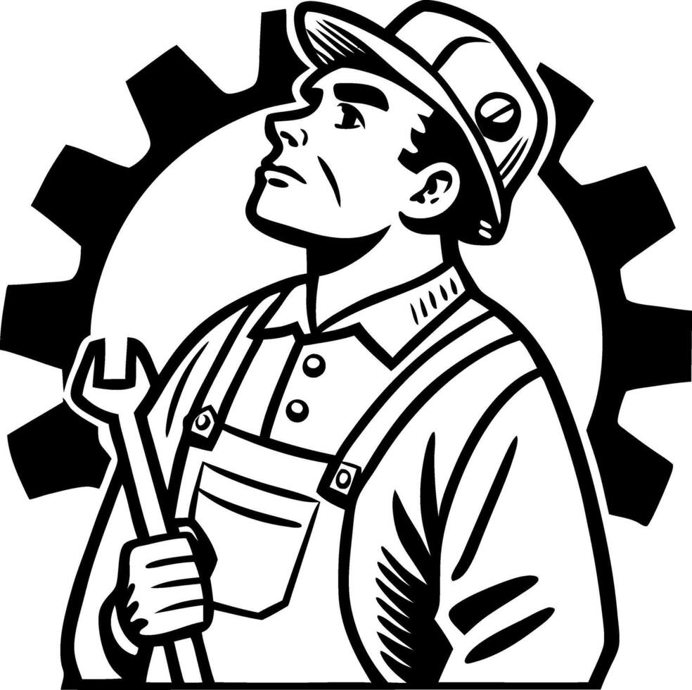 Determined Mechanic Holding Wrench with Industrial Gear Background for Retro Style Designs vector